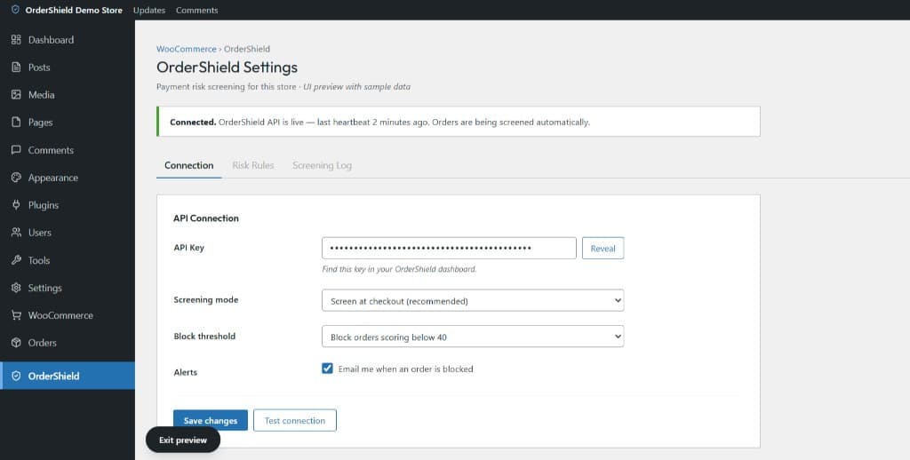 OrderShield plugin settings showing API connection, screening mode, block threshold and alerts